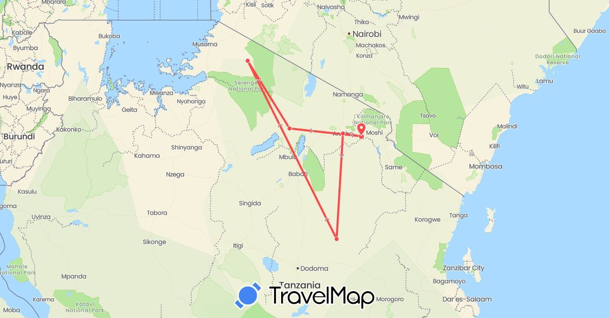 TravelMap itinerary: driving, hiking in Tanzania (Africa)